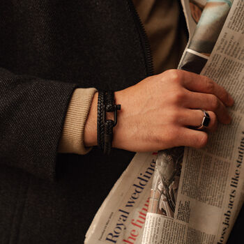 Bold Men's Braided Black Leather Bracelet With Sturdy D Shackle Screw Clasp, Artisan Jewellery, 2 of 8