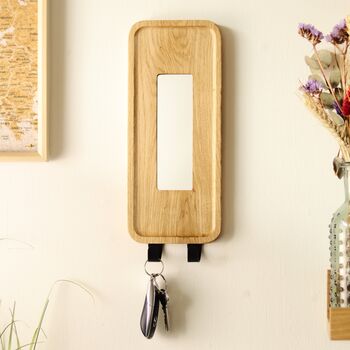 Solid Oak Wall Mirror With Key Hooks – Hallway Key Holder, 5 of 8