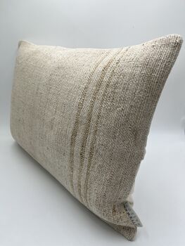 Oblong, Natural, Hemp, Neutral, Woven, Grain Sack, Striped Cushion With Cotton Reverse Brown Stripes To Right Edge, 3 of 5