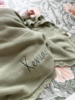 Personalised Knitted Baby Blanket Sage Green, 8 of 9
