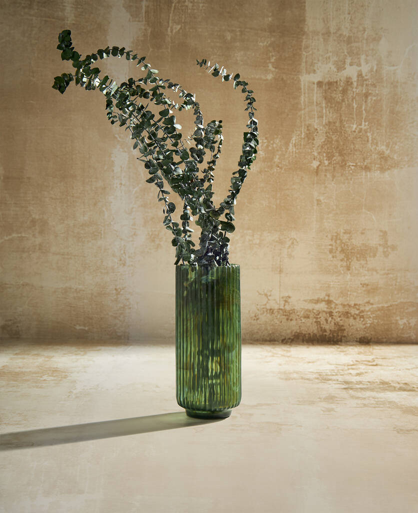 Reeded Green Cylindrical Glass Vase, 1 of 5