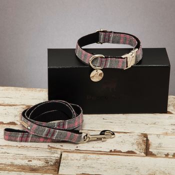 The Winchester Grey Pink Checked Dog Collar Lead Set, 2 of 6