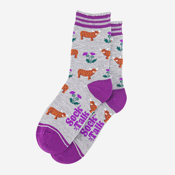 Highland Cow Scottish Thistles Bamboo Ankle Socks Women's Grey Purple, 3 of 4