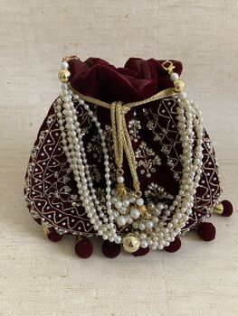 Maroon Velvet Handcrafted Luxury Potli/Wrist Bag, 4 of 10