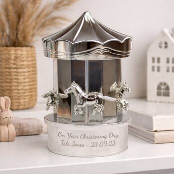 Personalised Money Box Silver Carousel Christening Gift For Children, 3 of 8