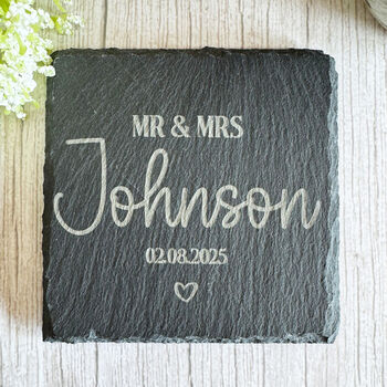 Personalised Slate Wedding Coaster Mr And Mrs Gift, 2 of 8