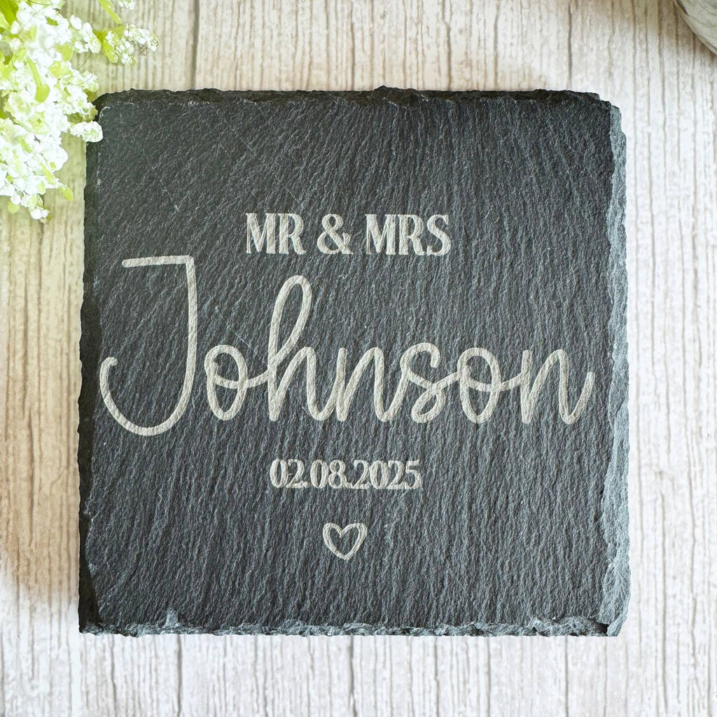 Personalised Slate Wedding Coaster Mr And Mrs Gift, 1 of 7