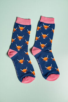 Highland Cow Navy Bamboo Socks, 6 of 8