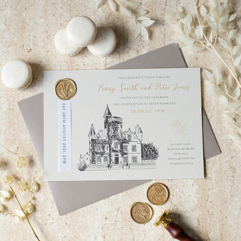 Illustrated Castle Wedding Invitation With Wax Seal, 3 of 9