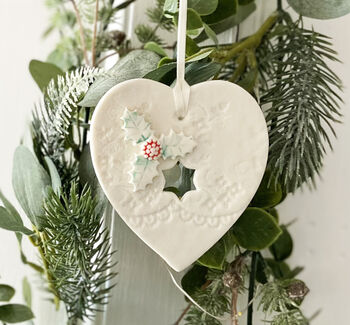 Porcelain Heart With Holly Christmas Decoration, 2 of 4