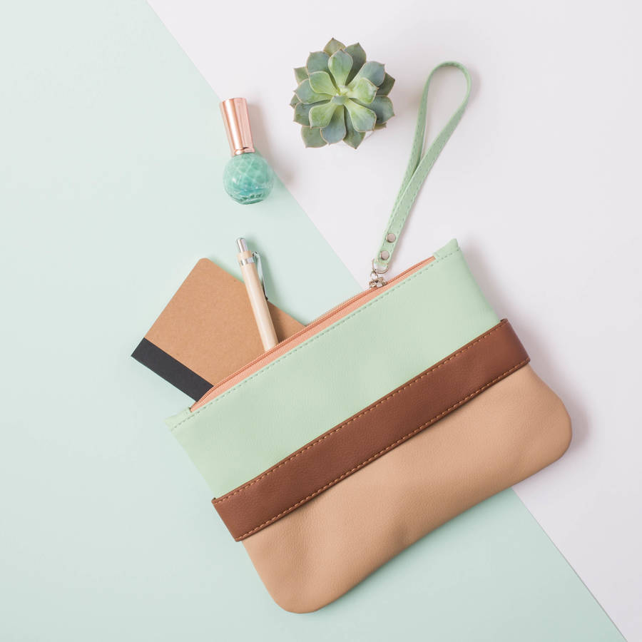 mint and beige vegan leather clutch bag by iamia