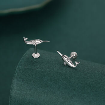 Tiny Narwhal Unicorn Whale 16 G Internally Threaded Flat Back Earrings In Sterling Silver, 2 of 11