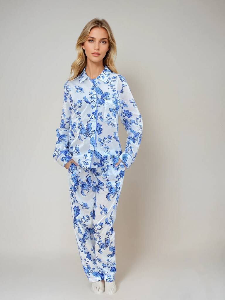 St. Ignacio Long Sleeve Organic Cotton Pyjama Set – Blue And White Floral Print, 1 of 4