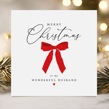 Christmas Card For Wife / Husband: Festive Red Bow And Red Heart Design, 2 of 12