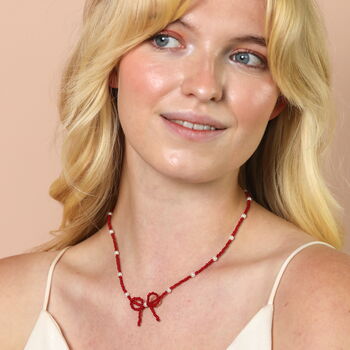 Pearl And Red Beaded Bow Pendant Necklace, 3 of 5