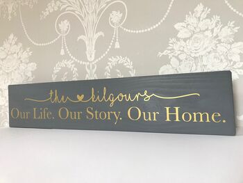 Personalised Wooden Wall Sign – “Our Life. Our Story. Our Home.” Family Name Plaque, 4 of 7