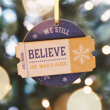 Personalised 'Believe' Ticket Christmas Decoration, 3 of 6