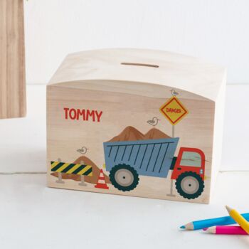 Personalised Tipper Truck Construction Wooden Money Pot, 2 of 7