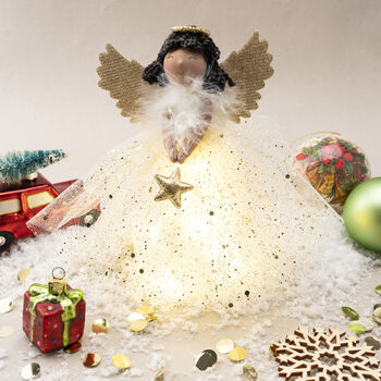 Gold Dark Haired Light Up Tree Topper Angel Decoration, 4 of 10