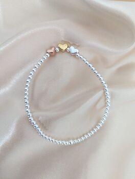 Sterling Silver Three Heart Beaded Stretch Bracelet, 8 of 8