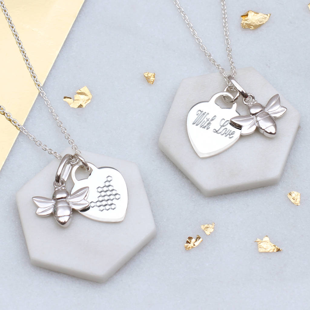 Personalised Silver Bee And Honeycomb Heart Necklace, 1 of 4