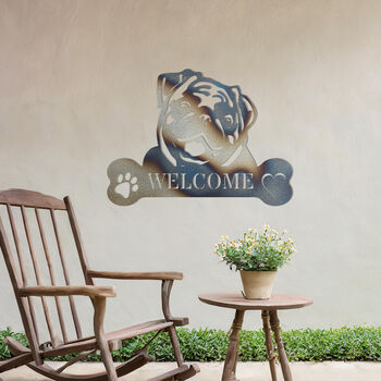 Custom Pug Welcome Metal Wall Art Sign For Home And Garden Gift, 9 of 11