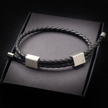 Custom Engraved Men's Adjustable Black Leather Bracelet With Personalised Silver Double Clasp, Artisan Jewellery, 2 of 9