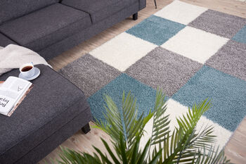 The Rugs Geometric Shaggy Rug Duck Egg Blue Checkered Rug, 3 of 12