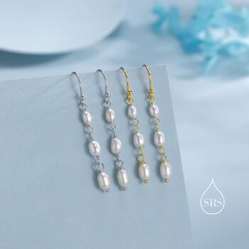 Oval Freshwater Pearl Trio Drop Hook Earrings In Sterling Silver, 6 of 11