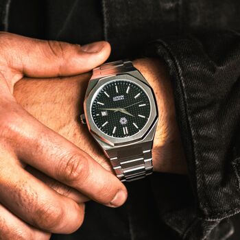 Mens Silver And Black Obsidian Steel Watch, 6 of 12