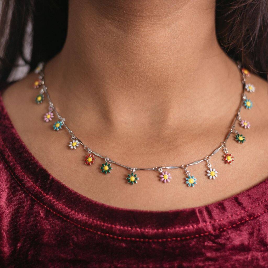 Silver Plated Rainbow Flower Charms Choker Necklaces, 1 of 6