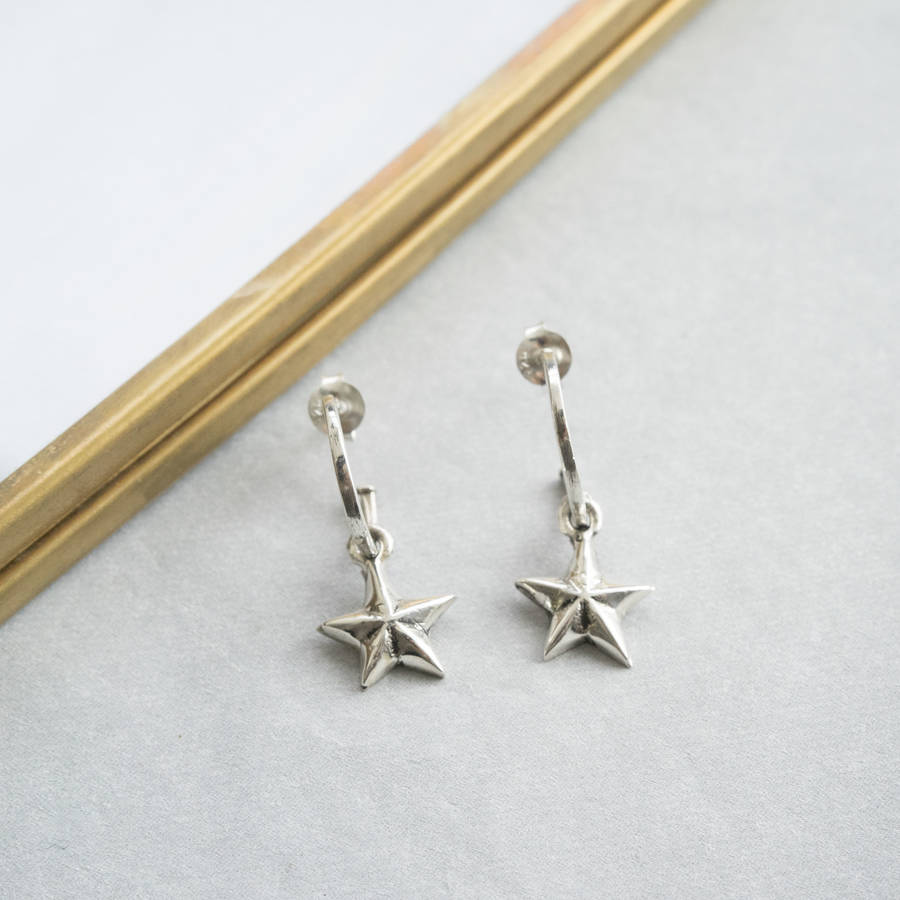 Silver Hoop Earrings With Silver Stars By Silver Service Jewellery