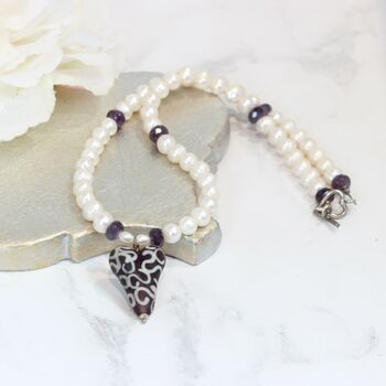 White Pearl Necklace With Amethyst Swirl Glass Heart, 5 of 6