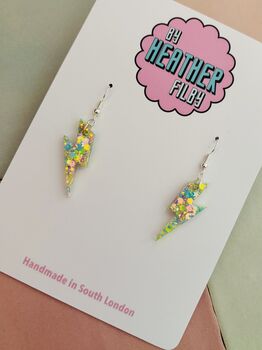 Small Light Green Glitter Lightning Bolt Earrings / Electric Green Jewellery Small Mint Statement / Pastel Flash Gift, 6 of 6