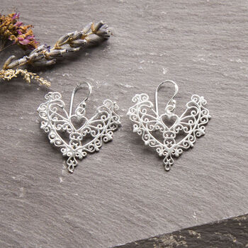 Sterling Silver Dangly Lace Heart Earrings, 3 of 4