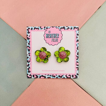 Flower Glitter Resin Stud Earrings Silver, Green And Blue, 12 of 12