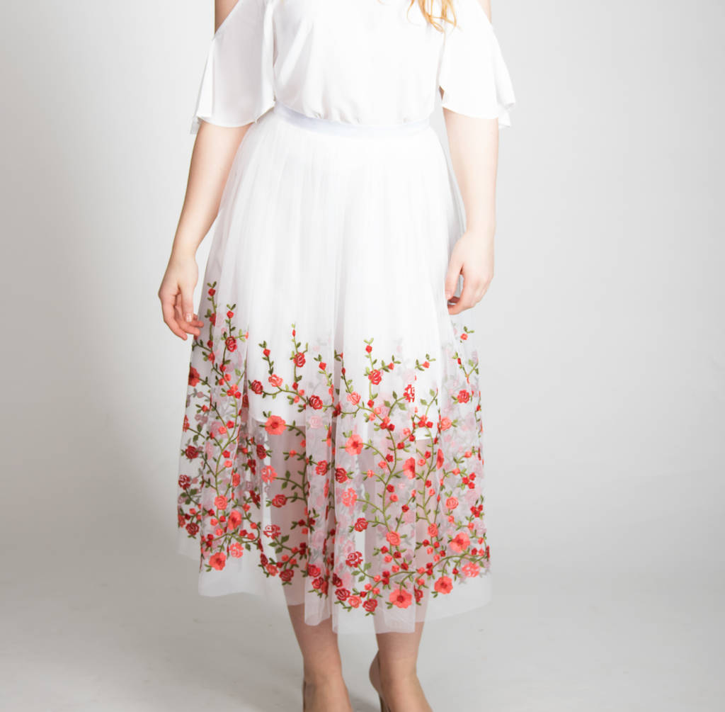 A white embroidered tulle flower skirt dress