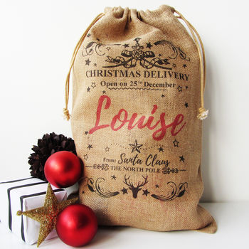 Personalised Burlap Christmas Sack In S, M, L Or Xl, 2 of 4