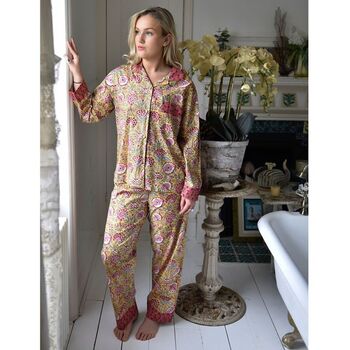 Yellow And Pink Carnation Cotton Pyjamas, 3 of 7