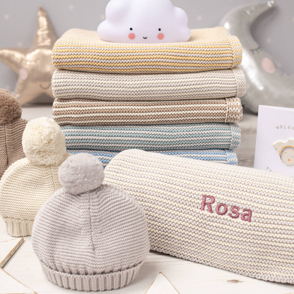 Cosy Mini Stripe Baby Blanket And Bobble Hat Gift Set, 1 of 12