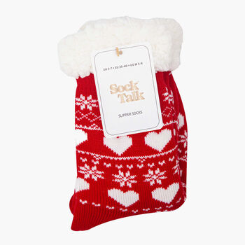 Women's Long Slipper Socks Grip Sole Fair Isle Red, 2 of 3