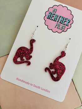 Pink Brontosaurus Dinosaur Glitter Resin Earrings / Gift For Dino Lover / Colourful Animal Jewellery / Fun Accessories, 4 of 5