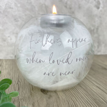 Personalised 'Feathers Appear' Feather Filled Glass Memorial Tea Light Holder, 4 of 6