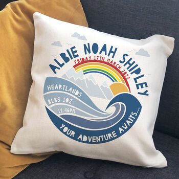 Personalised New Baby Mountain Adventure Cushion, 2 of 9