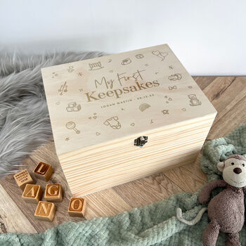 Personalised My First Keepsakes Engraved New Baby Keepsake Box Five Sizes 16cm | 20cm | 26cm | 30cm | 36cm, 3 of 10