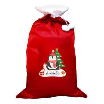 Personalised Christmas Penguin Luxury Pom Pom Red Sack, 4 of 4
