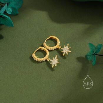 Sterling Silver Cz Starburst Huggie Hoop Earrings, 4 of 12
