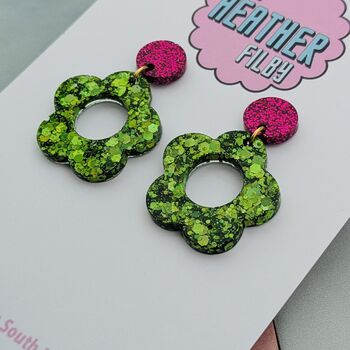 Flower Glitter Resin Earrings 60's Mary Quant Style, 4 of 8