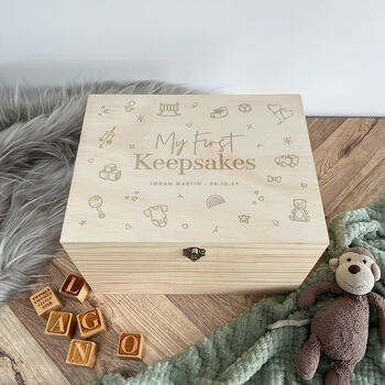 Personalised My First Keepsakes Engraved New Baby Keepsake Box Five Sizes 16cm | 20cm | 26cm | 30cm | 36cm, 2 of 8