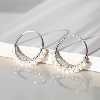 Sterling Silver Pearl Bead Hoop Earrings, 3 of 5